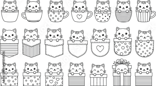 Adorable Cartoon Kitten Collection Featuring Cute Cats in Coffee Cups, Shirt Pockets, and Gift Boxes for Children’s Stationery, Stickers, and Pet Lover Fashion Designs