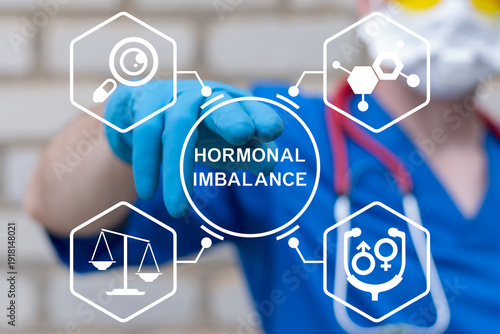 Concept of hormonal imbalance. Gynecologist using virtual touch screen presses the inscription HORMONAL IMBALANCE. Hormone disproportion.  Health care female hormonal imbalance.