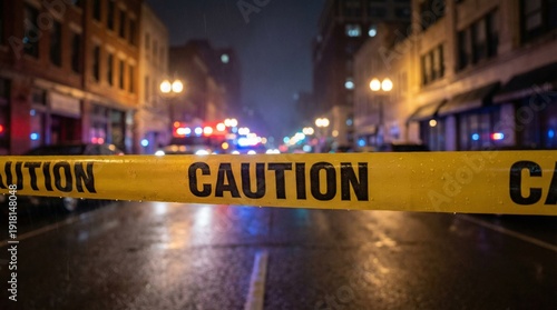 Crime Scene Tape With Police Lights At Night