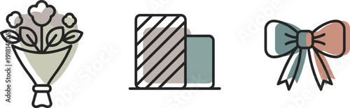 Collection of simple line art icons representing a bouquet, stacked bars, and a bow tie