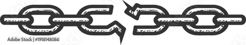 Broken chain ink illustration black and white line art. Broken chain symbolizing freedom, liberation, and breaking limits.