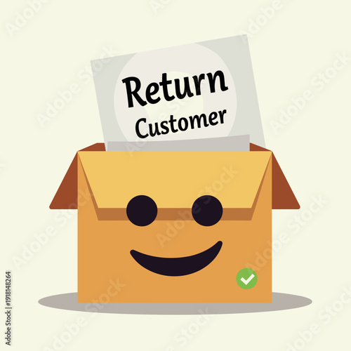 cardboard box character with smiley face holding return customer document on light background, with copy space, for ecommerce websites and shipping service blogs