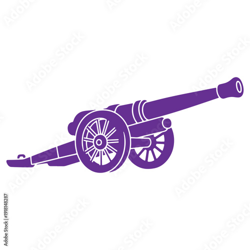 A simplified silhouette illustration of an ancient cannon with two wheels isolated on a clean background ready for graphic design applications representing historical warfare or weaponry