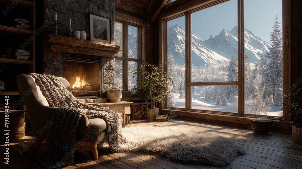 Fototapeta premium Sunlit cabin interior with wool throws on armchair, fireplace warmth, and snow-covered trees and mountains outside.