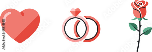 Heart, wedding rings, and rose icons symbolizing love, commitment, and romance
