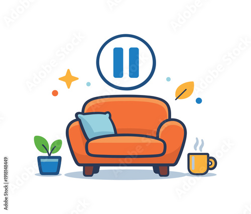 Everyday emotional comfort through a short mindful pause in a quiet home environment, a soft armchair paired with a pause symbol representing rest and