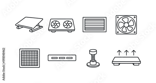 Home electronics ventilation: laptop stand, cooling pad, ventilation grille, fan unit, dust filter, vent slot, support foot, airflow spacer