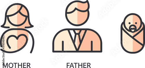Simple flat icons representing a family unit: mother, father, and baby