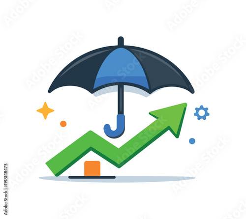 Personal risk management and downside protection mindset beyond optimism, a balanced umbrella placed over a simple growth arrow representing