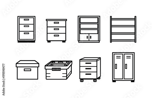 Professional office storage furniture: filing cabinet, drawer unit, bookshelf, storage shelf, archive box, document crate, mobile pedestal, coat