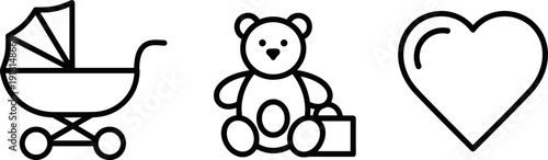 Simple line icons of a baby stroller, teddy bear, and heart on a white background