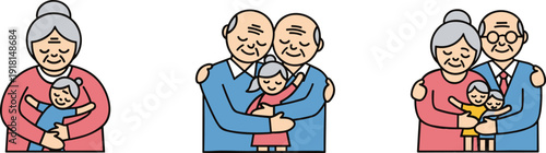 Generations embracing: grandparents and grandchildren in loving hugs, diverse family units