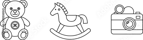 Simple line art icons of a teddy bear, rocking horse, and vintage camera on a white background