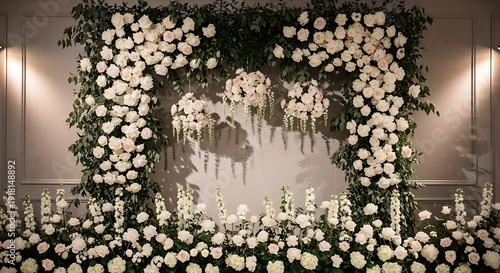 White and pink roses floral wall decoration for wedding reception