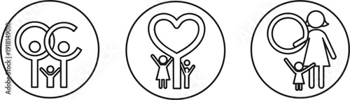 Three circular icons depicting family and community symbols with stick figures
