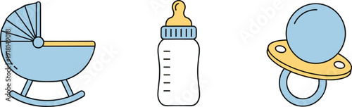 Baby essentials: cradle, feeding bottle, and pacifier icons in blue and yellow