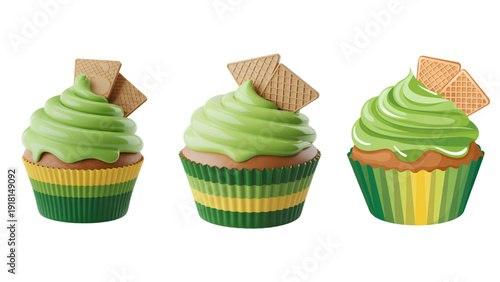 Three colorful cupcakes with various toppings on a white background isolated on transparent background