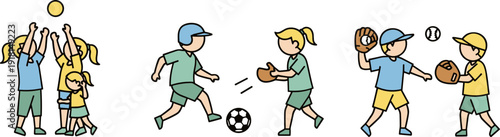 Children playing different sports like volleyball, soccer, and baseball in a cartoon style