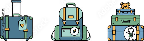 Collection of travel luggage and backpacks with cute travel accessories for kids