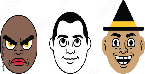 Cartoon male character face vector icon set, diverse man heads with angry, happy, and calm expressions