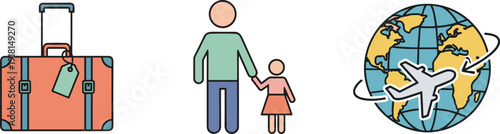 Family travel illustration with suitcase, parent and child, and globe with airplane icons