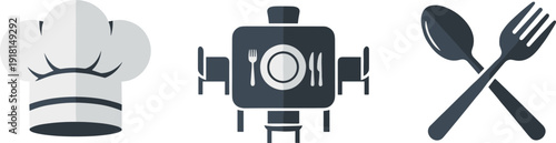 Collection of restaurant and culinary icons: chef hat, dining table, and cutlery