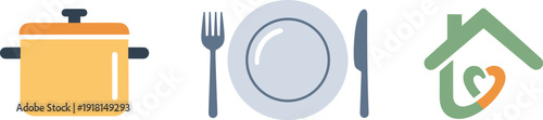 Simple icons representing cooking, dining, and home with a heart symbol