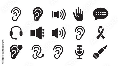 Black Hearing and Communication Icons on White Background
