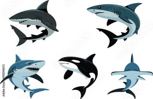 Cartoon shark and killer whale vector character set, scary ocean predators for marine life and sea design
