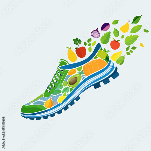Healthy Lifestyle Concept Running Shoe Filled with Fresh Fruits and Vegetables