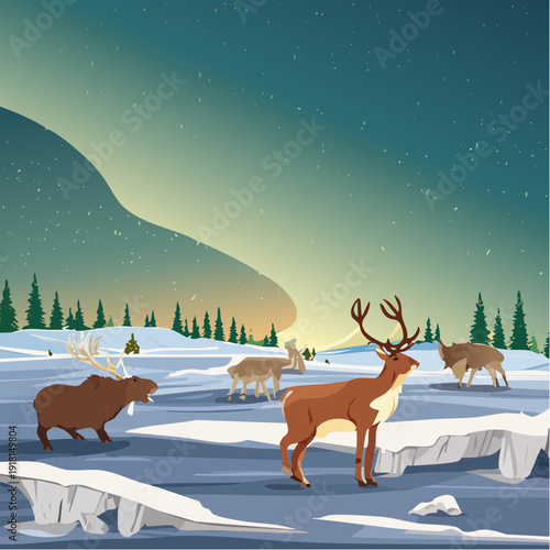 Majestic arctic wildlife amidst a dazzling northern lights display in a serene winter wonderland