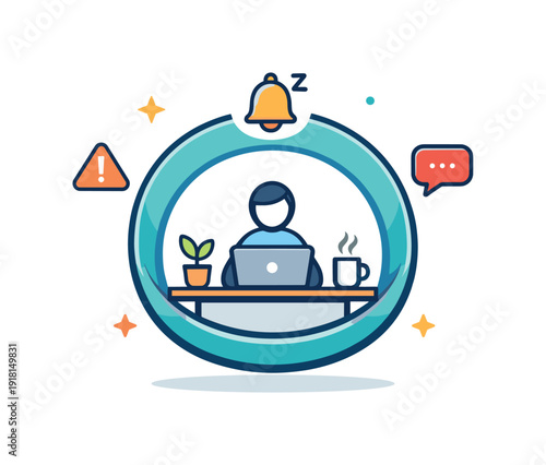 Cognitive load insulation and protecting mental clarity in high-demand environments, a calm central workspace surrounded by a soft boundary ring and