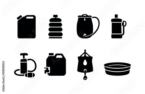 Outdoor camping water gear: water canister, collapsible bottle, hydration bladder, water filter, pump purifier, storage jug, hanging shower, folding