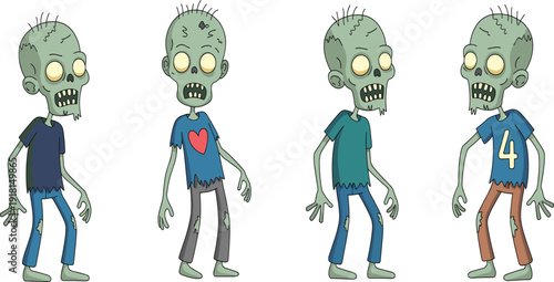 Cute cartoon zombie vector character set, funny green undead monsters for spooky Halloween and horror design