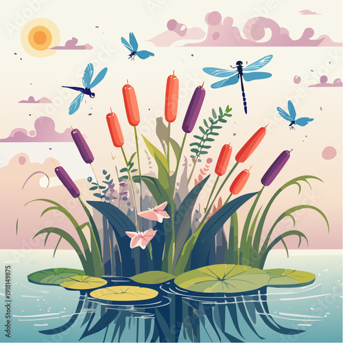Serene Dragonfly Pond with Reeds and Water Lilies - A Tranquil Nature Illustration