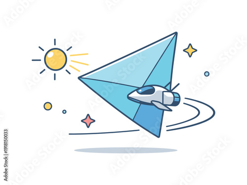 Efficiency and sustainable momentum over long distances framed as intelligent space travel, a spacecraft propelled by a broad solar sail catching