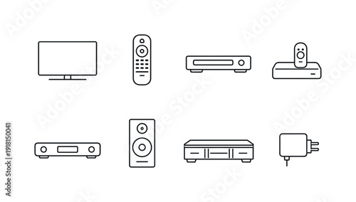 Home media playback devices: television, remote control, DVD player, streaming box, soundbar, speaker, media console, power adapter