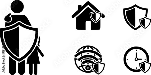 Protection and Insurance Icon Set Featuring Family Shields Home Security Global Cybersecurity and Time Management.