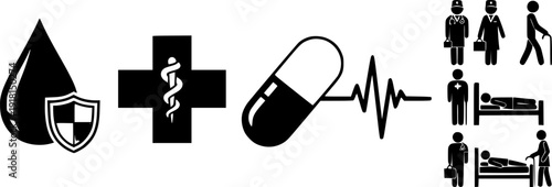 Blood Contributor and Medical Care Icon Set Featuring Clinical Professionals Treatment Symbols and Patient Recovery.