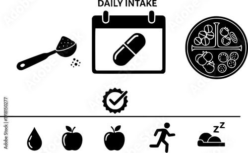 Health and Wellness Daily Tracker Icons Featuring Supplement Schedules, Nutritional Habits, and Physical Activity Goals.