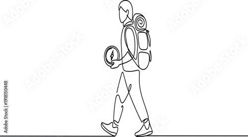 Person walking with backpack and frisbee in hand black and white d
