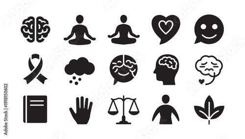 Mental Health Icons Set with Brain, Meditation, Emotions and and Wellness Symbols