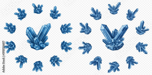 Set of blue crystal clusters and individual mineral formations on a transparent background.