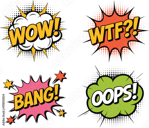 Colorful comic speech bubble vector illustration set, explosive pop art sound effects for wow and bang