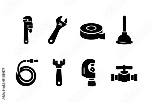 Home plumbing tools: pipe wrench, adjustable wrench, plumber tape roll, plunger, drain snake, basin wrench, pipe cutter, shutoff valve