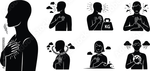 Symptoms of Heart Issues Illustrated: A comprehensive set of visual representations depicting various heart conditions and associated symptoms, highlighting the complexities of human health.