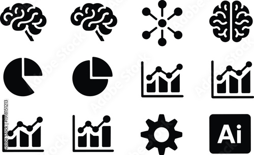 Artificial intelligence and data analytics icon set vector illustration brain chart network and machine learning symbols design