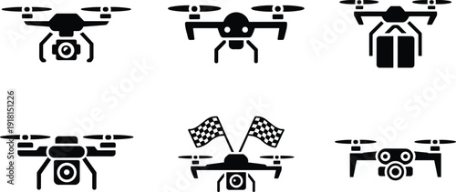 Drone quadcopter icon set vector illustration aerial camera delivery racing and surveillance unmanned aircraft symbols design