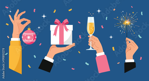 Holiday celebration illustration, hands holding gift, champagne, sparkler, festive party elements, New Year concept, flat vector – flavector