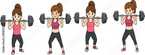 Young Woman Performing Barbell Squat Exercise Sequence Cartoon Fitness Workout Vector Illustration Isolated on White